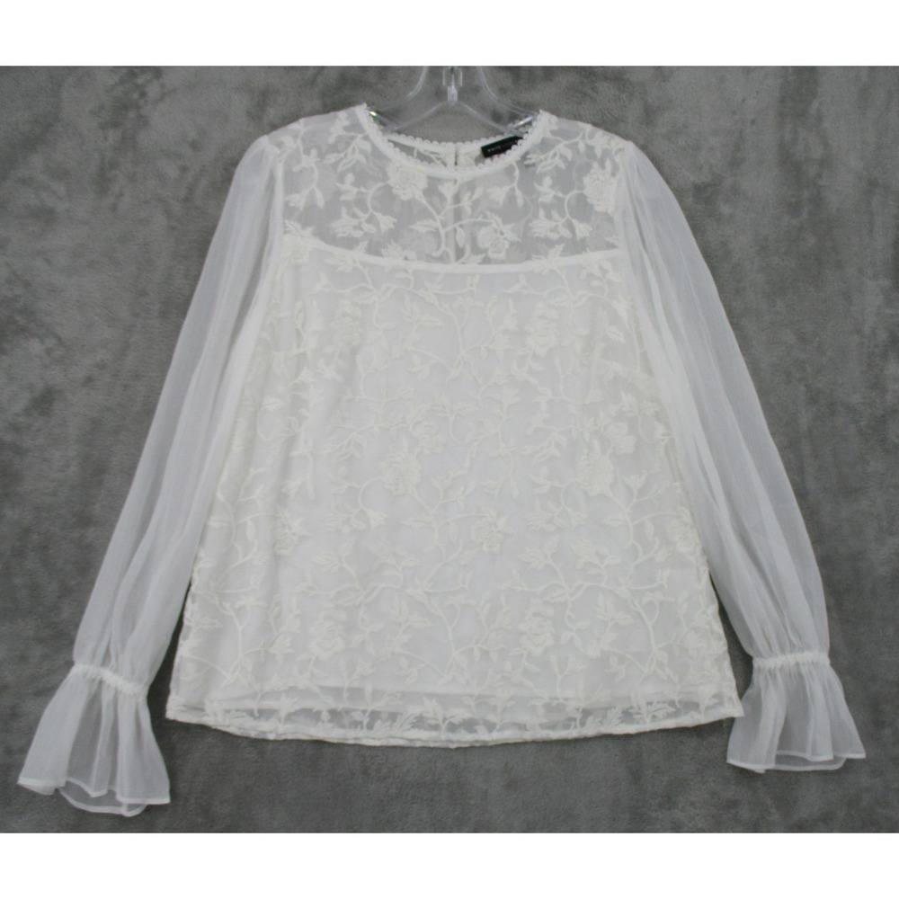 White House Black Market Blouse 10 Petite Sheer Lace Bell Sleeve Coquette White‎